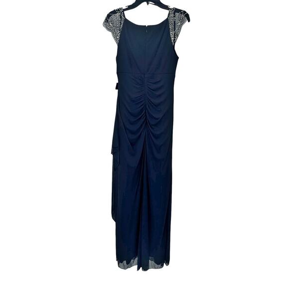 X By XSCAPE Embellished Illusion Neck Ruffle Gown Short Sleeves Navy Size 8 NWT - Picture 6 of 13